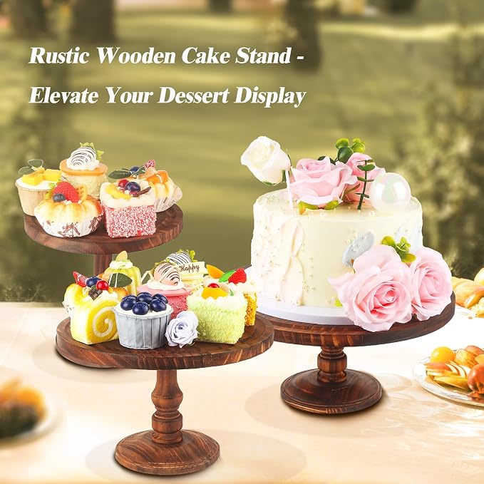 Wisreach Set of 3 Rustic Wooden Cake Stands — Farmhouse Cupcake Pedestal Display for Weddings, Birthdays, Desserts & Parties — Tiered Serving Trays for Cakes, Snacks & Decor