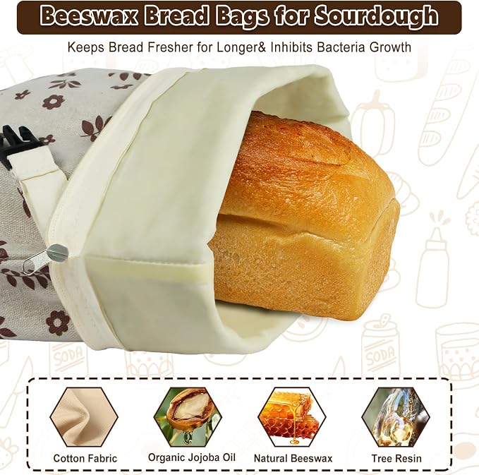 2 Pack Beeswax Bread Bags for Sourdough Homemade Bread, XL Linen Bread Bag | Zippered Reusable Cotton Bread Bags, 10 Pcs Large Paper Bags, Food Storage Bag, Lock in Freshness, Freezer Safe, Eco-Friendly