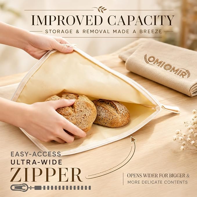 2-Pack XL Beeswax Bread Bags, 13"×17" Large Capacity, Natural Bees Wax & Cotton Re-usable Storage for Fresh Food, Home Baking & Sourdough Loaves, Easy-Access Wide Zipper Seal, Breathable Moisture Lock