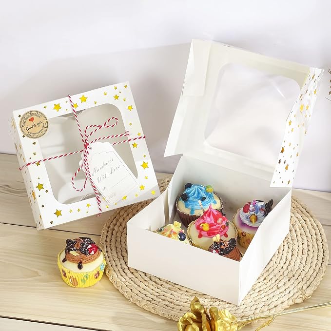 24 Pack 6X6X3 Christmas Cookie Boxes for Gift Giving Gold Foil Star White Bakery Boxes with Window 6 Inch Small Treat Boxes for Mini Cake Pastry Dessert Cupcakes Candy Donut Packaging
