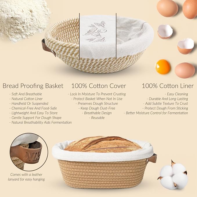 Nikkar Complete Sourdough Starter Kit with Bamboo Storage Rack Bread Basket | 12 Set Sourdough Bread Baking Supplies with Glass Sourdough Starter Jar for Bread Making Baking Fermentation