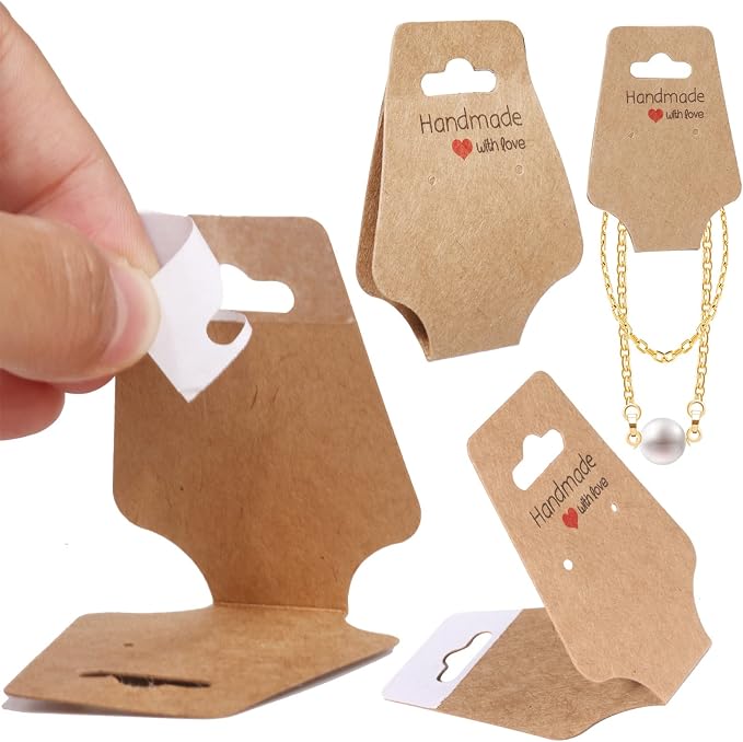 200PCS Bracelet Display Cards Necklace Holder Cards Self Adhesive Jewelry Packaging Selling Card for Small Business (Brown, 1.8x4.7 inches)