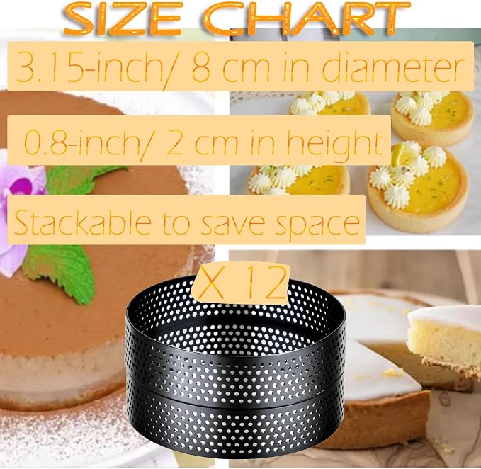 DATANYA 12Pack Perforated Tart Rings Stainless Steel 3.15 Inch Round Mousse Cake Ring Metal Pastry Mold for Baking Cooking Desserts, small fruit tartet crust 8cm