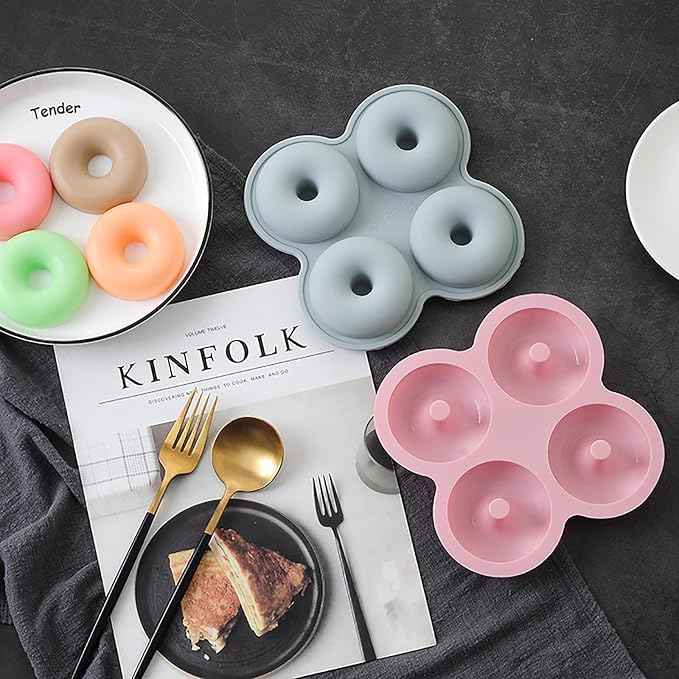 Silicone Donut Molds, Donut Pan Silicone Baking Molds, 4 Cavity Non-Stick Doughnut Pan, Make Perfect Donut Cake Biscuit Bagels Muffin, Heat Resistant and Microwave Safe(Set of 2)