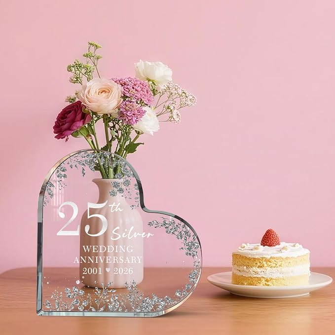 25th Anniversary Cake Topper Acrylic,25 th Anniversary Decorations & Keepsake Gift for Couples（25th Anniversary-Silver Wreath）
