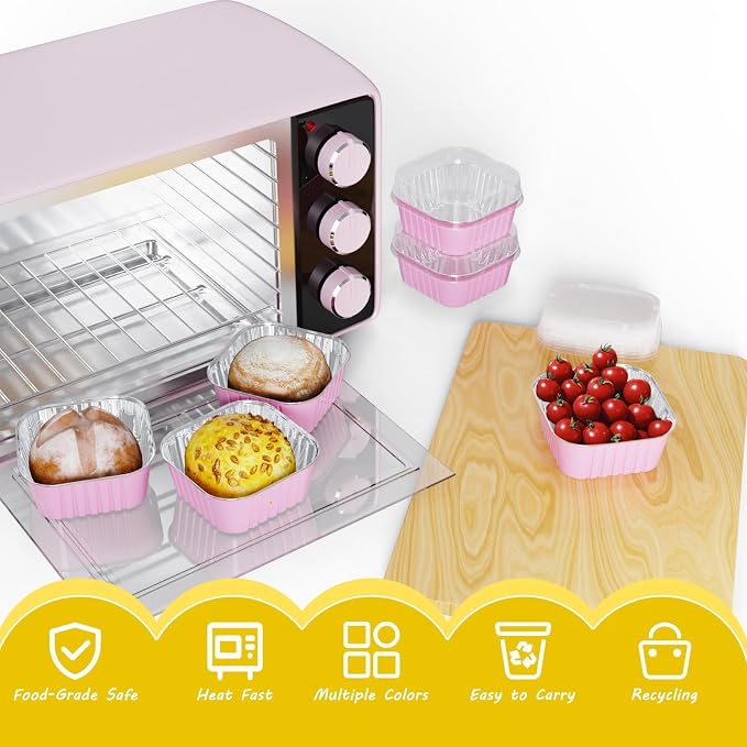 100 Pack Square Mini Cake Pans with Lids,Mini Loaf Pans with Lids,Aluminum Foil Baking Cups,Disposable Ramekins Cupcake Cups,Dessert Cups for Wedding Birthday Party Picnics,5oz (Pink)