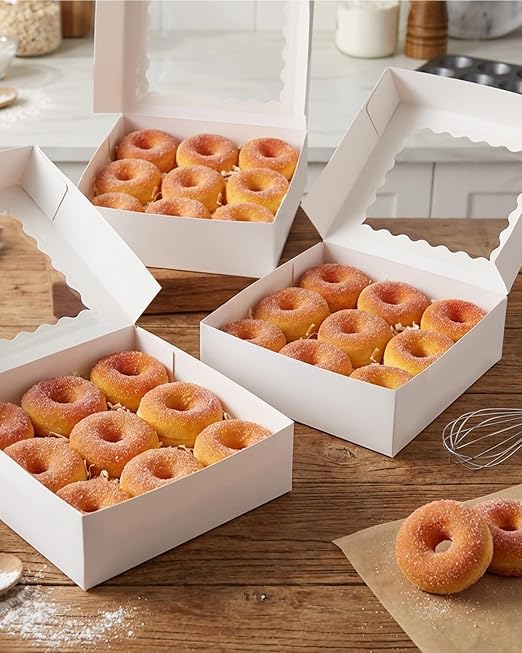 qiqee 10"x 10"x 2.5" White Pie Boxes with Window 120Packs Cookie Donut Bakery Box (Auto-pop Up)