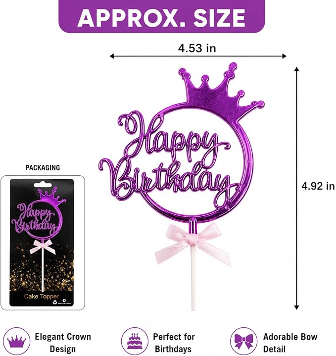 Purple Acrylic Happy Birthday Cake Topper with Crown and Bow | Glossy Pueple acrylic script with crown and bow adds an elegant finishing touch to birthday cakes and celebration desserts.