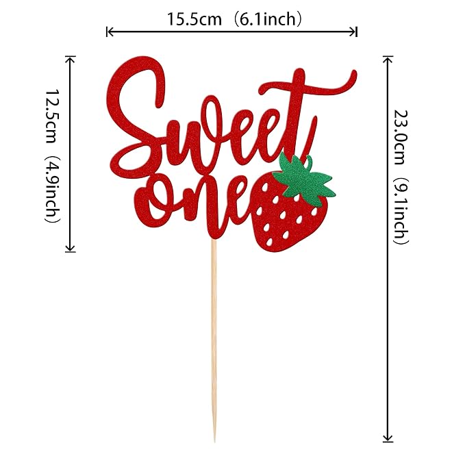 1 PCS Strawberry 1st Birthday Cake Topper Glitter Sweet One First Birthday Strawberry Cake Pick Decoration for Sweet Fruit Theme Baby Shower Kids Birthday Party Supplies Red