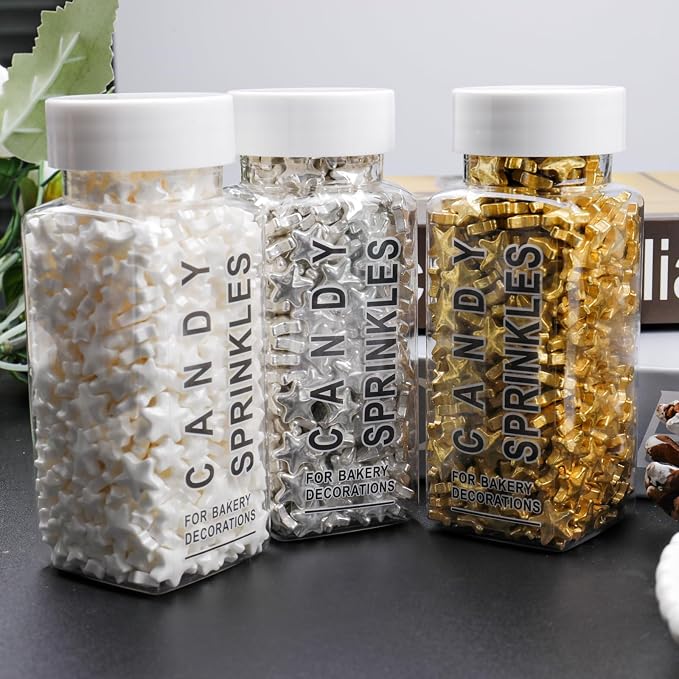White Star Sprinkles, Edible Candy Stars for Cake Decorating, Cupcakes, Cookies & Desserts, 4.6oz White Sprinkles for Christmas, Wedding, Birthday, Holiday Baking