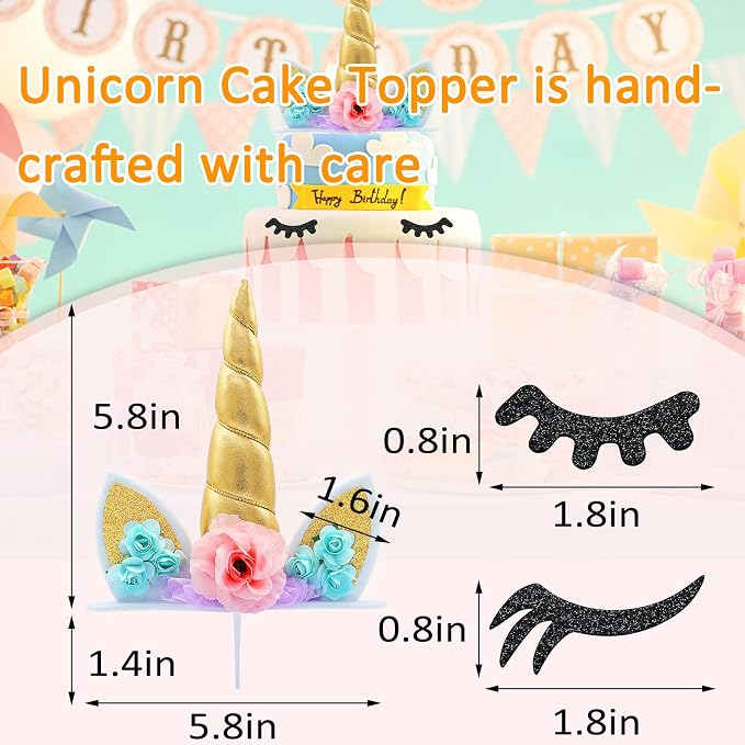 Zkptops Unicorn Cake Topper Birthday Party Supplies Unicorn Birthday Decorations Gold Horn Cake Topper Accessory with Eyelashes Cute Handmade Reusable Cake Toppers for Girls Kids Women 5.8 Inch