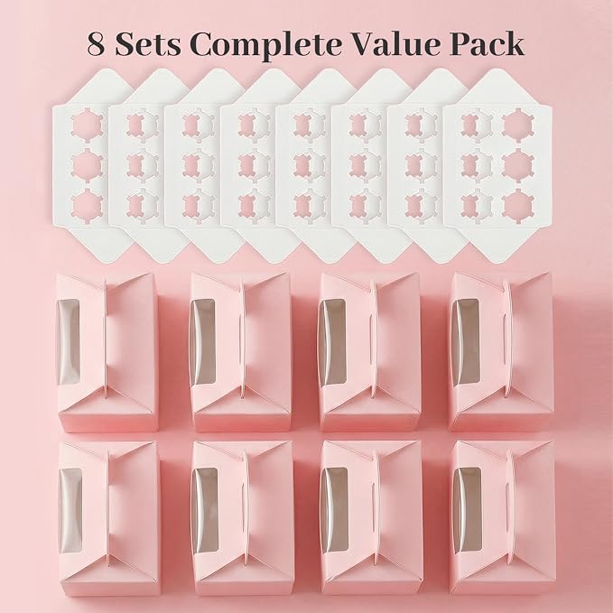 VGOODALL 8 Sets Pink 6-Count Cupcake Boxes with Handles and Inserts, 9.3 x 6 x 3.5 Inch Large Pastry Containers with Windows for Wedding, Birthday, Bakery Supplies, Professional Party Gift Boxes