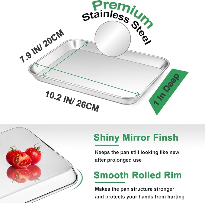 10.4 Inch Baking Sheet Pan, Joyfair Stainless Steel Cookie Sheet Toaster Oven Tray, Professional Bakeware for Cookie/Bacon/Bread, Rolled Rim & Mirror Finish, Rust Resistant & Dishwasher Safe