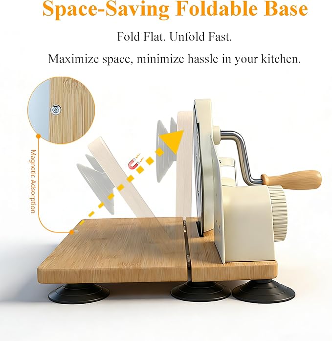 Bread Slicer Machine, Adjustable Thickness Stainless Steel Blade Bread Cutter with 6 Large Suction Cups, Foldable Compact Design Non-Slip Base for Homemade Bread Slicing (Off-white, Wood Base)