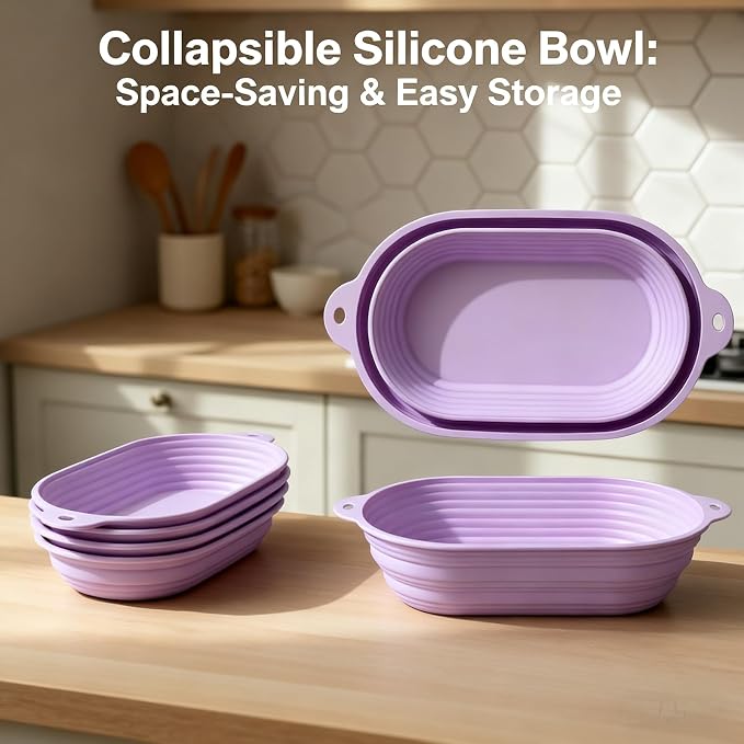2 Pcs Silicone Bread Proofing Baskets, Collapsible Sourdough Bread Baking Supplies Dough Proofing Box Oven Safe for Artisan Bread Making for Professional and Home Bakers (Yellow and Purple)