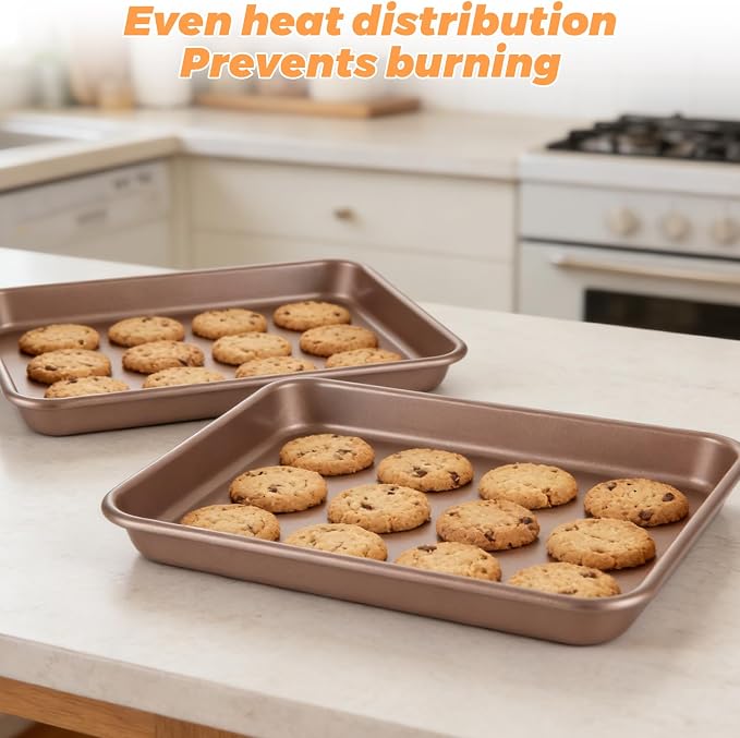 SHUESS 4 Pcs Baking Sheet, 11 X 9 Inch Non Stick Cookie Sheets for Baking, Heavy Duty Carbon Steel Small Cookie Sheets, Golden Jelly Roll Pan, Quarter Sheet Pan, Baking Trays for Oven, Air Fryer