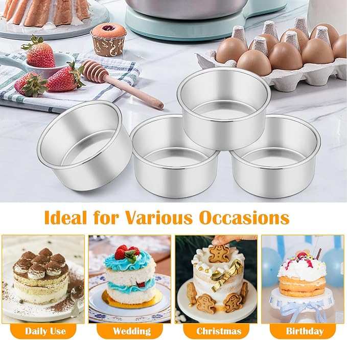 P&P CHEF 4 Inch Cake Pan Set of 4, Stainless Steel Baking Round Cake Pans Tins Bakeware for Birthday Wedding, Leak-proof & Easy Clean, Mirror Finish & Easy Releasing