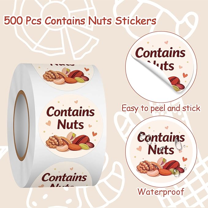 Louise Maelys 500 Pcs Contains Nuts Stickers -1.5 Inch Nut Allergen Allergy Warning Sticker Nuts Allergen Labels Allergic to Nuts for Baking,Food Safety,Retail and Restaurants