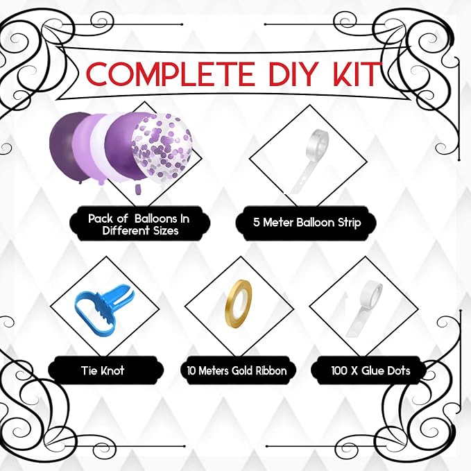 Archloon 156pcs Purple Balloon Garland Arch Kit, Different Sizes 18 12 10 5 inch Lavender Latex Metallic Confetti Purple Balloons for Halloween Wedding Birthday Baby Shower Party Decorations Supplies