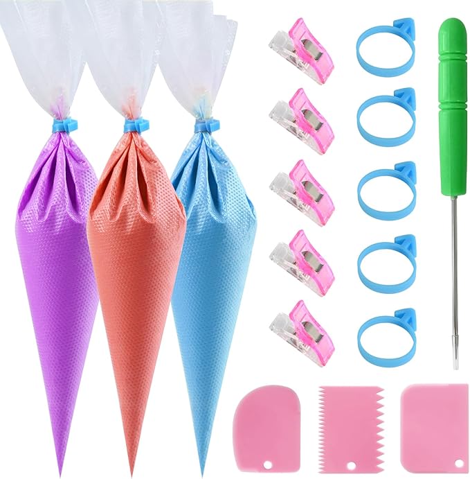 firstake Piping Bags Disposable 14 Inch - 100pcs Piping Bags Set, Anti-Burst Pastry Bags, Frosting Bags, Cake Decorating Bags with 5 Icing Bags Ties, 5 Clips, 3 Cake Scraper, 1 Scriber Needle