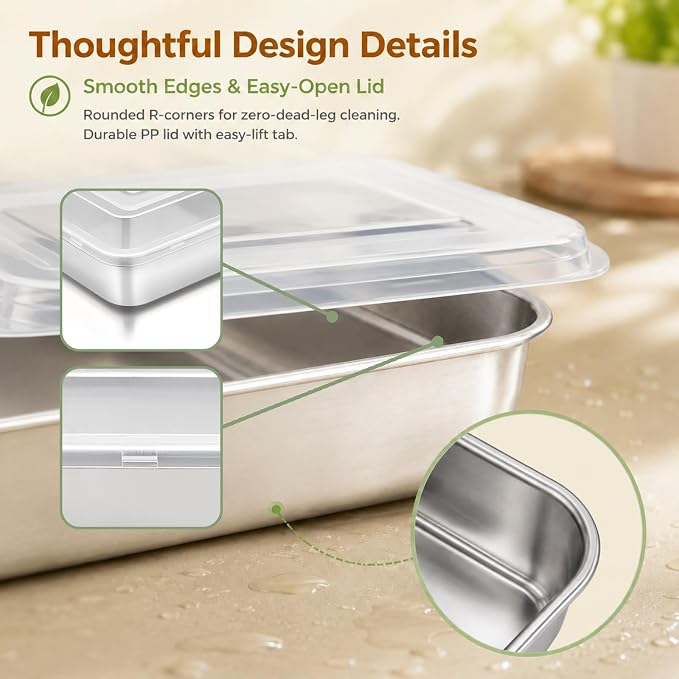 E-far Toaster Oven Baking Pan with Lid, 10.4”x 8”x 2” Stainless Steel Rectangle Sheet Cake Pans with Covers, Small Bakeware for Cakes Brownies Casseroles, Non-toxic & Dishwasher Safe -Set of 2