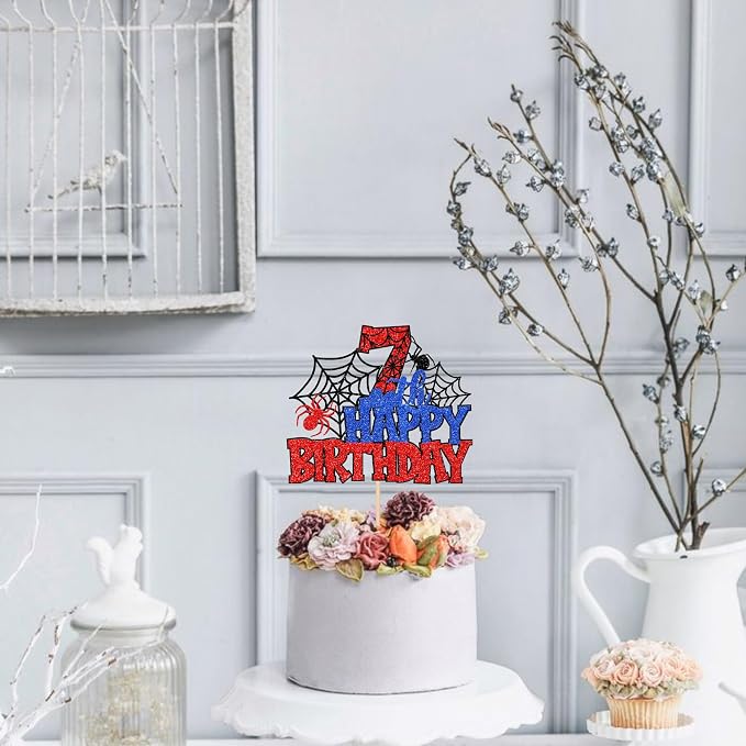 1 PCS Happy 7th Birthday Cake Topper Glitter Spider Web Cheers to 7 Years Seven Birthday Cake Pick Superhero Spider Party Decorations for Boys Girls Happy 7th Birthday Party Cake Decorations Supplies