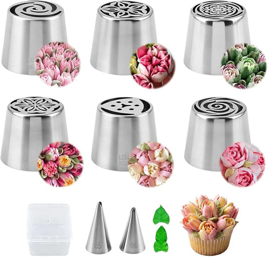 Extra Large Russian Flower Piping Tips Set, Stainless Steel Piping Nozzles for Cake and Cupcake Decorating, Includes 2 Leaf Tips and Storage Box