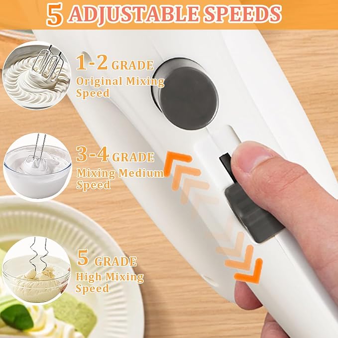 300W Hand Mixer Electric Handheld, 5 Speed Lightweight Kitchen Blender, Turbo Boost/Self-Control Speed Hand Held Beater Mixer with 4 Stainless Steel Whisks for Baking Cakes Eggs Cream, White