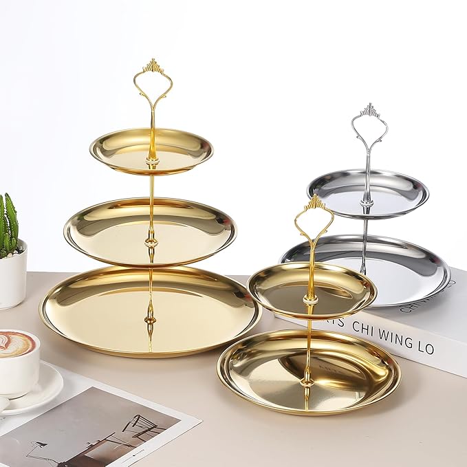uxcell 2 Sets 2-Tier Cupcake Stand Holder, Round Tiered Serving Tray Stainless Steel Cup Cake Stand for Dessert Fruit Table Birthday Party Decoration Display, Silver