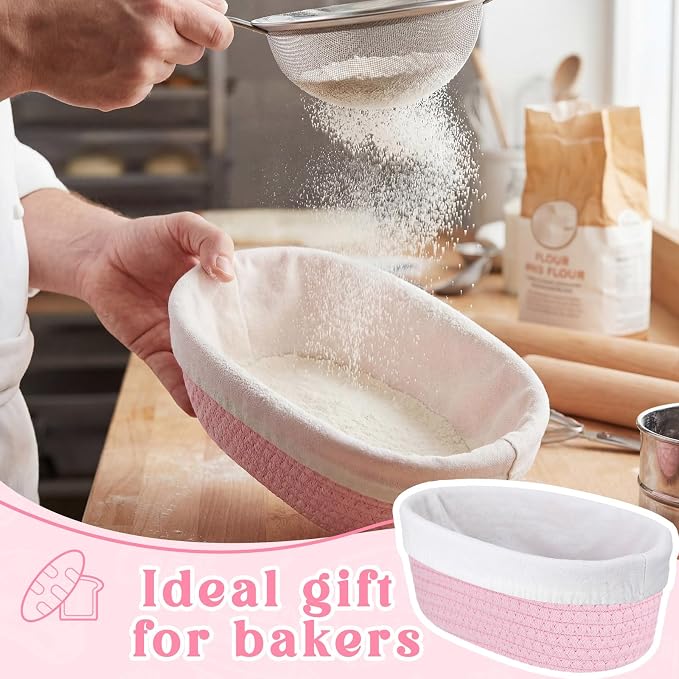2 Pcs Cotton Rope Banneton Bread Proofing Basket Set 9 Inch Round and 10 Inch Oval Banneton Basket Sourdough Bread with Liners Covers for Baking Supplies (Pink)