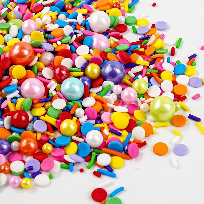 Dazzjoy Rainbow Jimmie Sprinkles, 130g/4.59oz, Edible Confetti Round, Rainbow Pearl Sugar Sprinkles for Cake Decorating, Baking Cake Decoration, Cupcakes, Ice Cream, Birthday Party Holiday Supplies