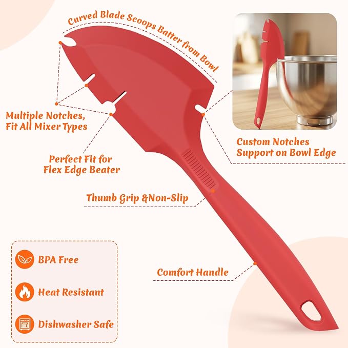 Silicone Bowl Scraper Spatula for KitchenAid Mixers, Heat Resistant Beater Blade Cleaner for Paddle Attachments, Dough Hooks & Mixing Bowls(Cherry Red)