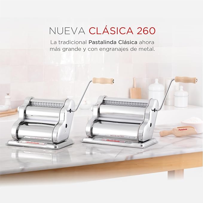 PASTALINDA Classic 260 Pasta Maker Machine, 26 cm Wide Rollers, 9 Thickness Positions, 2 Cutting Positions, Stainless Steel. Includes Reinforced Hand Crank And Two Clamps (Lilac)