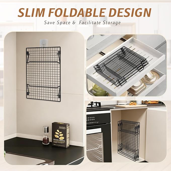 Stackable Cooling Racks 3-Tier 13.4x9.4in with 50 Parchment Papers | Heavy duty wire baking rack for cookies, bread, pizza & pastries. Collapsible for storage. Includes 7.9x11.8in sheets.
