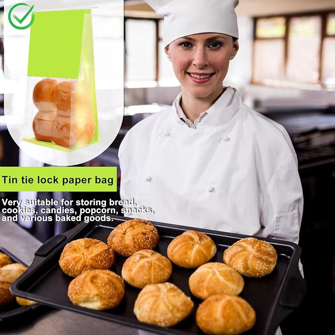 50-Pack Reusable Bakery Bags - Windowed Kraft Paper Bags with Seal & Tin Tie Tab Lock - Upright Cookie, Bread & Pastry Packaging (Green)