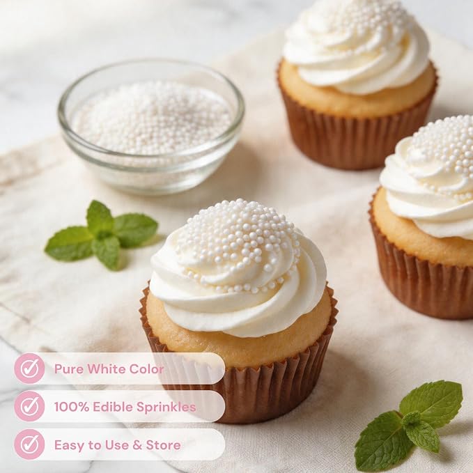 White Nonpareils Sprinkles | 2mm Mini Edible Pearls | White Sprinkles | For Baking Dessert Decorating, Cake, Cupcake, Cookie, Ice Cream | Wedding Christmas Holiday Party