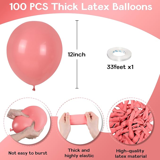 Jobkoo Dusty Pink Balloons 12 Inch, 100 Pack Vintage Pink Balloon Boho Dusty Rose Latex Balloons Matte Mauve Retro Blush Pink Helium Balloons for Birthday Wedding Baby Bridal Shower Party Decorations