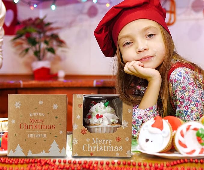 Happyhiram Christmas Cupcake Boxes 50 Pcs, Individual Box Brown Kraft with Christmas Trees and Window for Holiday Mini Gift Boxes for Ornament Cocoa Bombs Packaging for Winter Party Favors
