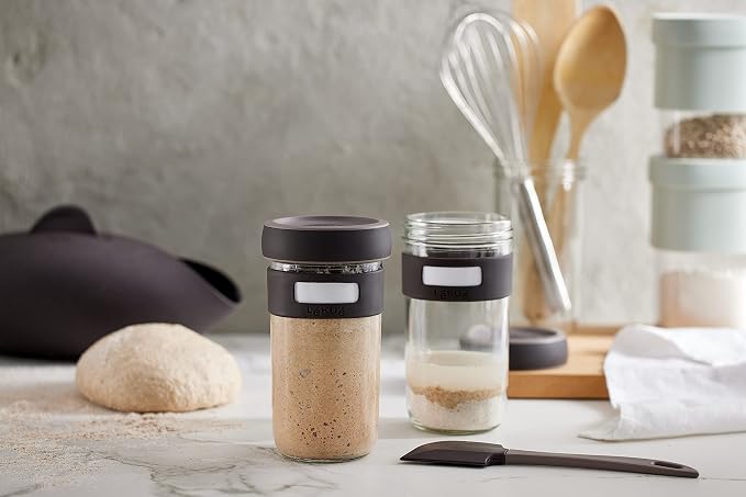 Lékué 6 Piece Sourdough Starter Kit | x2 Glass Jars, Spatula + Recipes | Make Sourdough Bread at Home | Platinum Silicone & Glass Vented Jars, Rise Trackers, Dishwasher Safe | Home Bread Baking