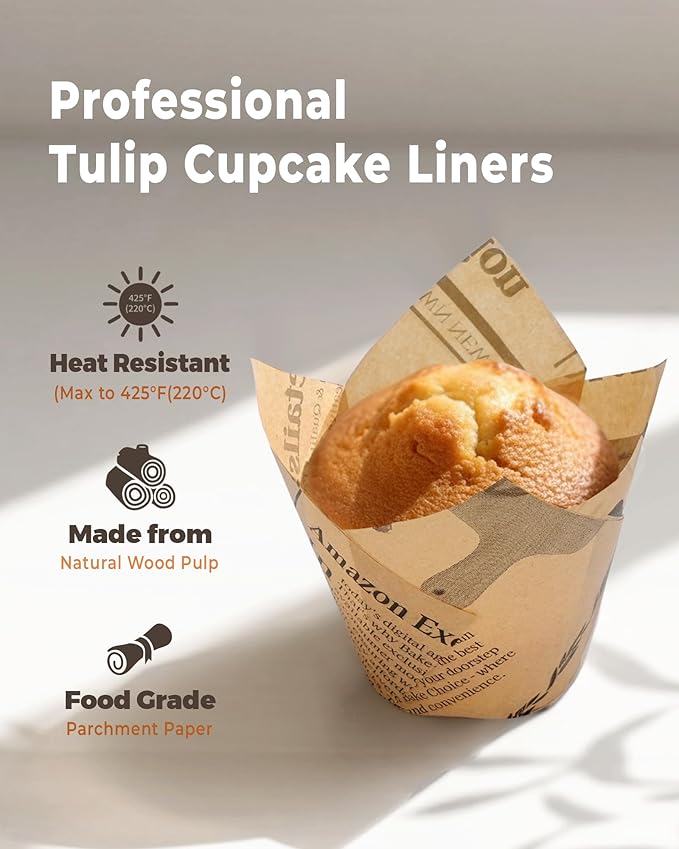 Bake Choice 200pcs Tulip Cupcake Liners for Baking Cups Newspaper Print Parchment Paper Tulip Muffin Liners, Grease Resistant Cupcake Wrappers for Party, Christmas