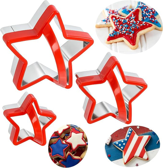 4th of July Star Shaped Cookie Cutters Set with Handle, Set of 3 Stainless Steel Patriotic Biscuit Molds for Pressing Cookie, Sandwich, Bread, Independence Day Baking Decorations