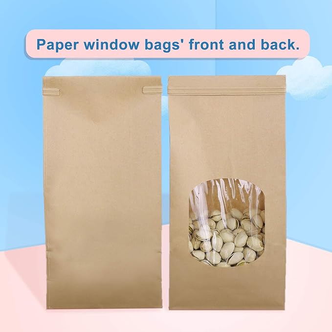 BagDream Bakery Bags with Window 50Pcs 4.5x2.36x9.6 Inches Kraft Brown Paper Bags with Window, Tin Tie Tab Lock, for Bakery, Cookie, Coffee Bean, Party Favor, Snack