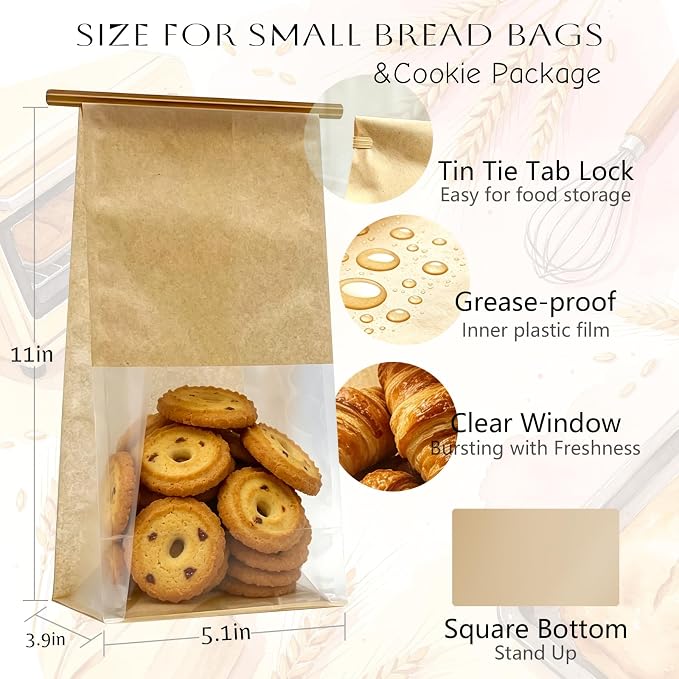 Cookie Bakery Bags with Window Small Bread Baked Goods Packaging Tin Tie Tab Closure & Cute Sticker for Candies, Treats, Snack - Brown Kraft Paper 20 Pcs 11x5.1x3.9 Inch