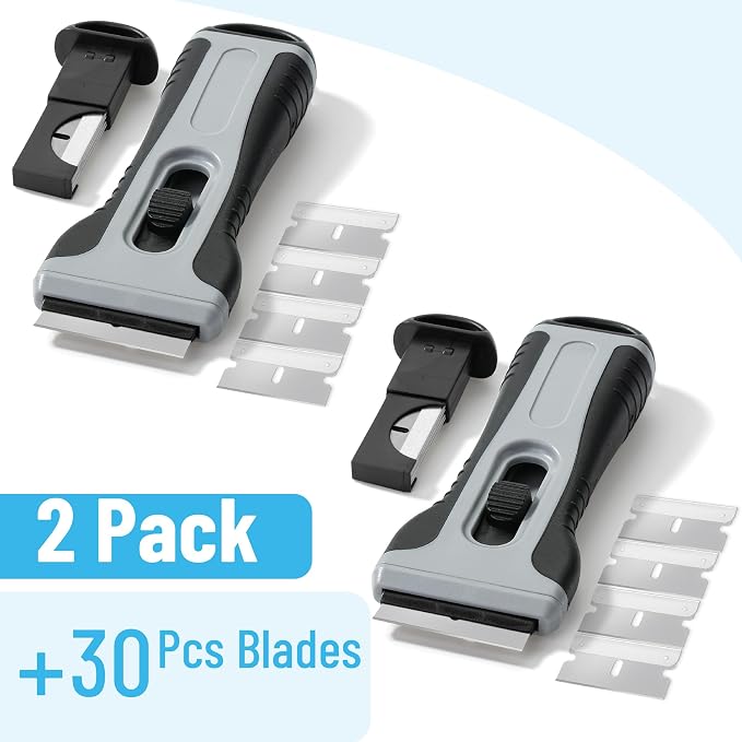 Bates- Razor Blade Scraper Tool, 2 Pack, Gray, 30 Extra Carbon Steel Blades, Anti-Slip Ergonomic Handle Design, Razor Scraper with Buid-In Blade Storage for Cleaning Window, Paint, Oven, Glass Stove