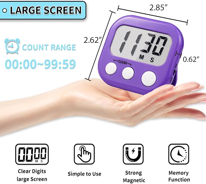 Timer for Kids Teachers Supplies Digital Kitchen Timers for Cooking Large Magnetic Classroom Timer 4Pack-Blue Purple