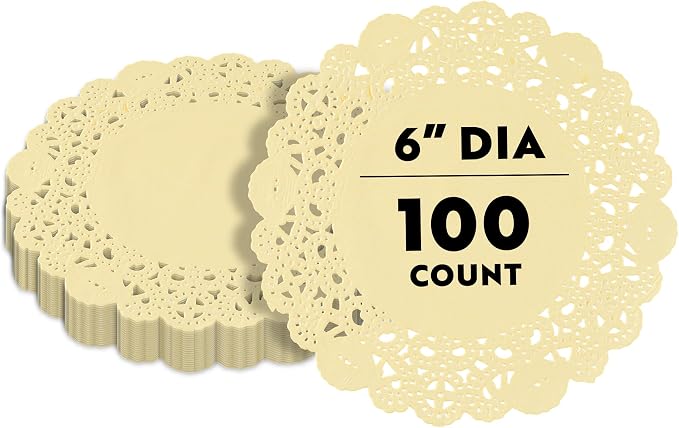 Pastry Tek 6 x 6 Inch Paper Lace Doilies, 100 Disposable Table Doilies - Elegant Lace Finish, Long Lasting, Yellow Paper Doily, for Pastries, Cupcakes, Desserts - Restaurantware