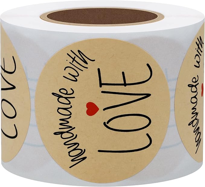 Hybsk Kraft Handmade with Love Stickers with Black Font Total 2" Round 300 Adhesive Labels Per Roll