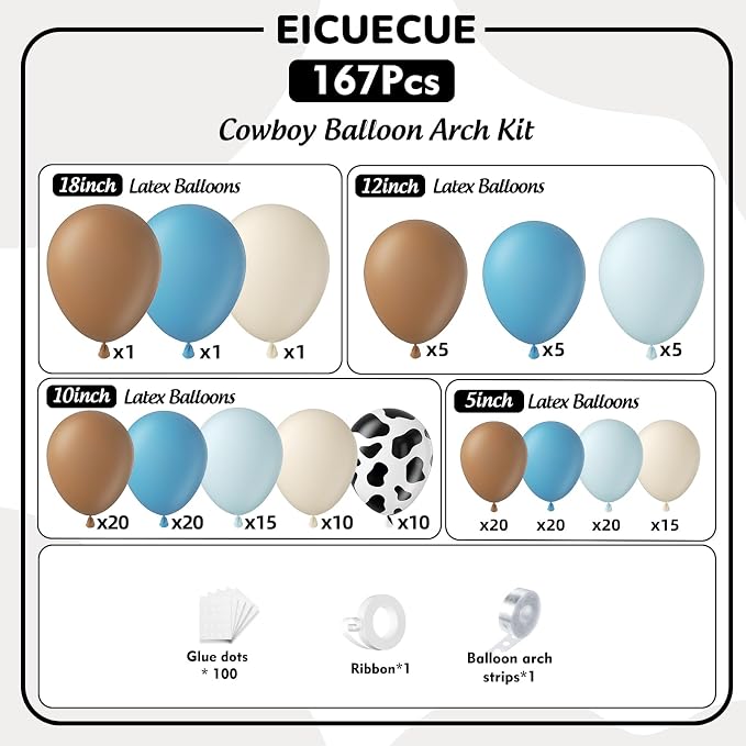 Cowboy Balloons Garland Arch Kit - 5 10 12 18 inch Brown Slate Blue Dusty Blue Sand White Cow Print Balloons for Anniversary, Baby Shower, Birthday, Farm, Western, Cowboy Party Decoration