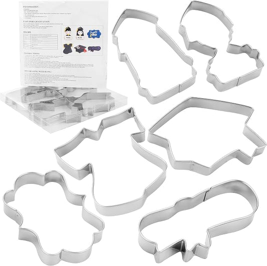 MrCookie Large Graduation Cookie Cutters,4in,6pc,Thickened Stainless Steel. | Sturdy stainless steel.6 shapes: bachelor(M/F),cap,gown,diploma,frame.For cookies,fruit,fondant,cake.2026 grad.