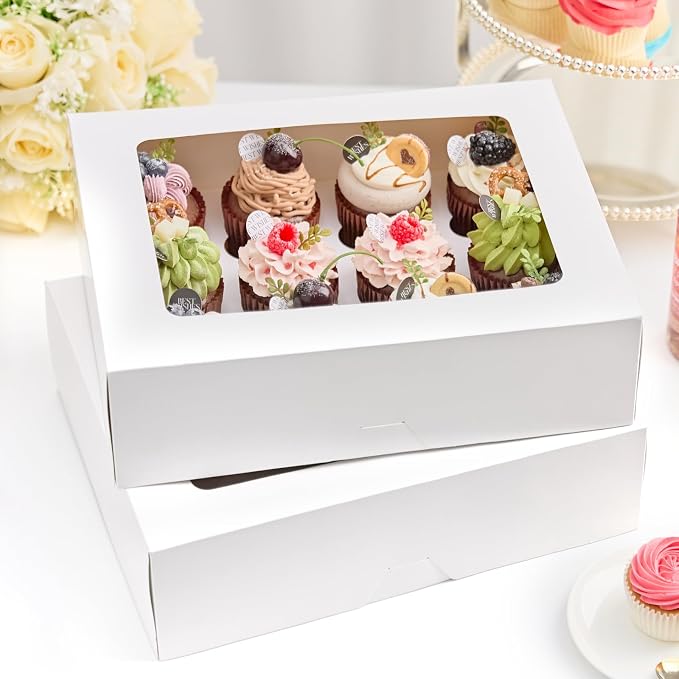 Kucoele 12 Count Cupcake Boxes, 12 Pack, White, 13 x 10 x 4 Inches | with Windows and Inserts, Disposable, Cupcake Containers Carriers, For Muffins, Treats, Pastries, Bakery, Desserts